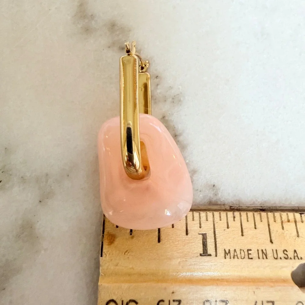 Gold Dipped Peach Pink Blush Marbled Resin Geometric Drop Hoop Earrings